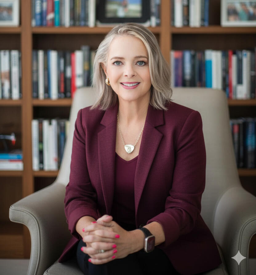 Mary Jo Wehniainen, Founder & CEO of Kingdom AI, seated in a burgundy blazer in front of a bookshelf